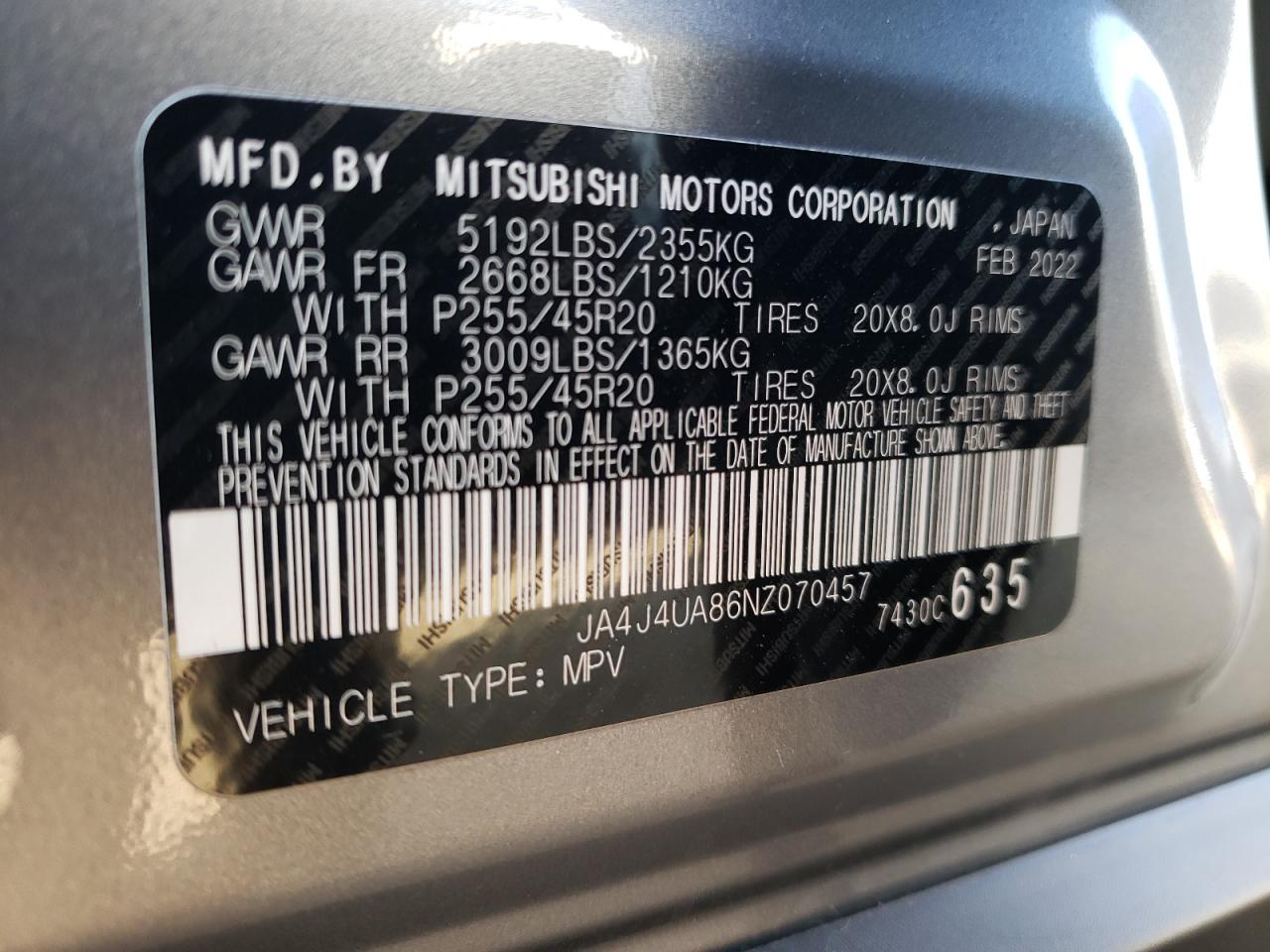 2022 Mitsubishi Outlander Se VIN: JA4J4UA86NZ070457 Lot: 74995464