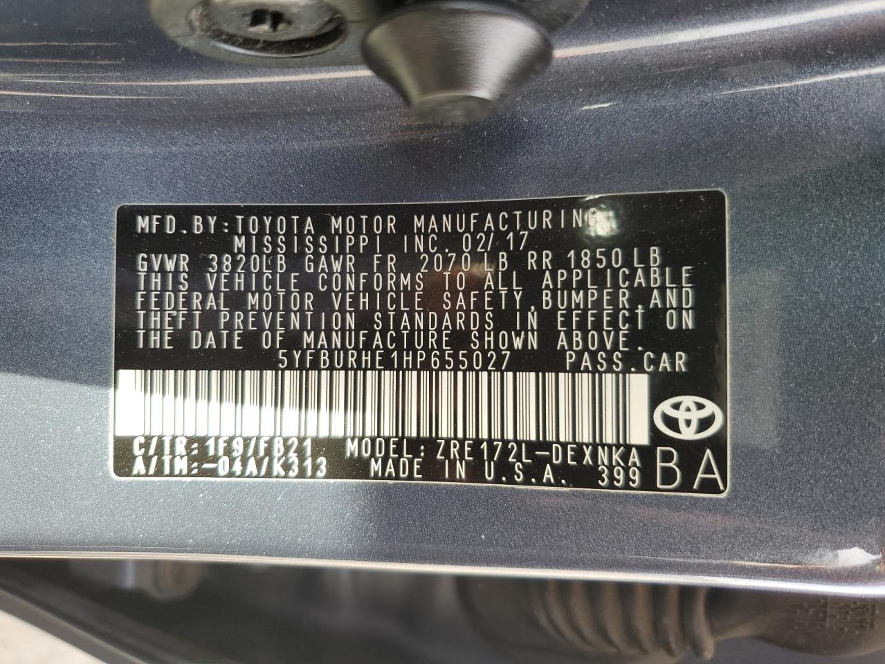 5YFBURHE1HP655027 2017 Toyota Corolla L