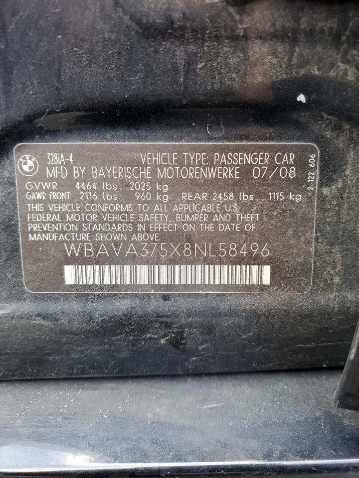 2008 BMW 328 I VIN: WBAVA375X8NL58496 Lot: 76021574