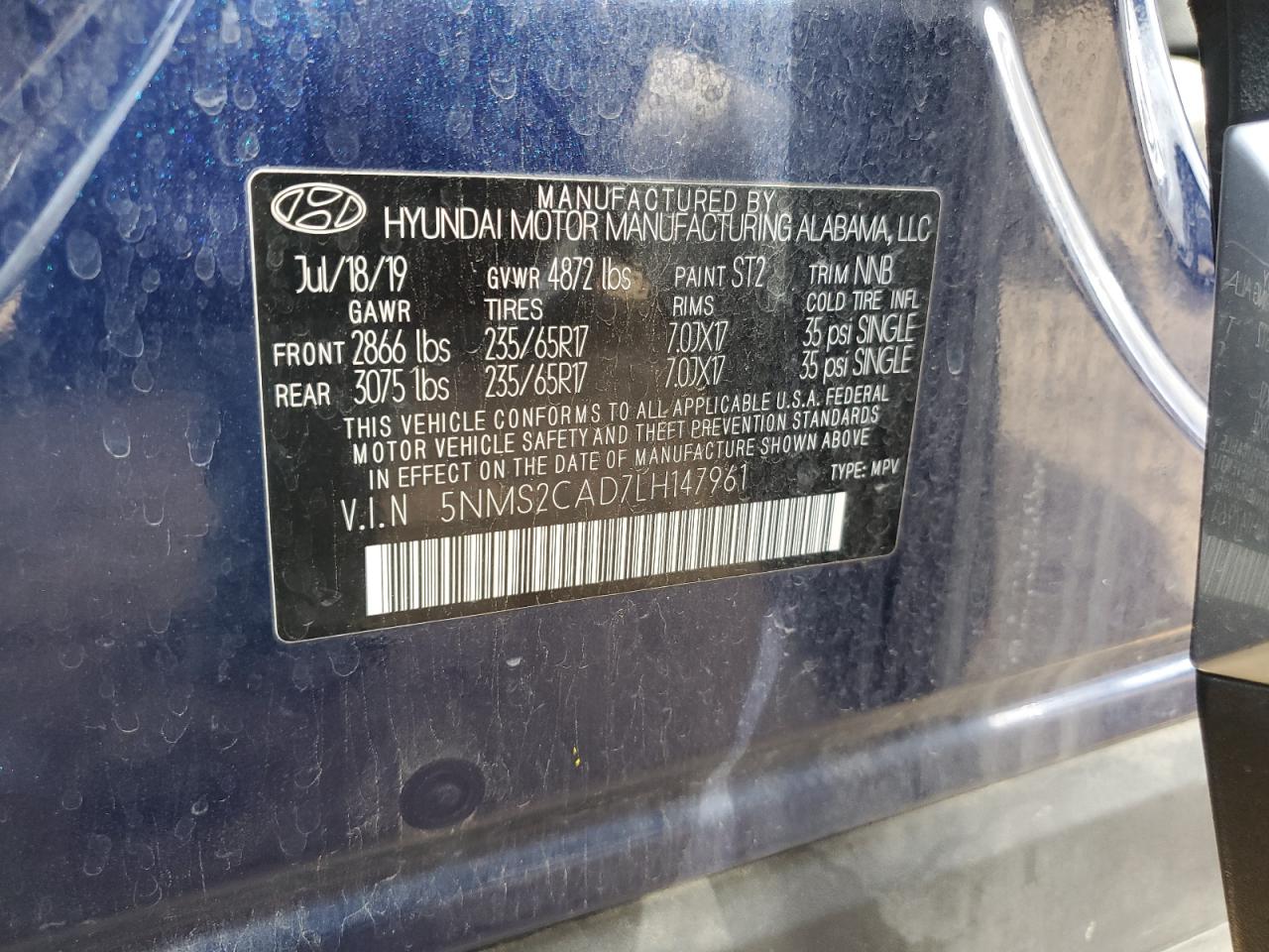 2020 Hyundai Santa Fe Se VIN: 5NMS2CAD7LH147961 Lot: 77232474