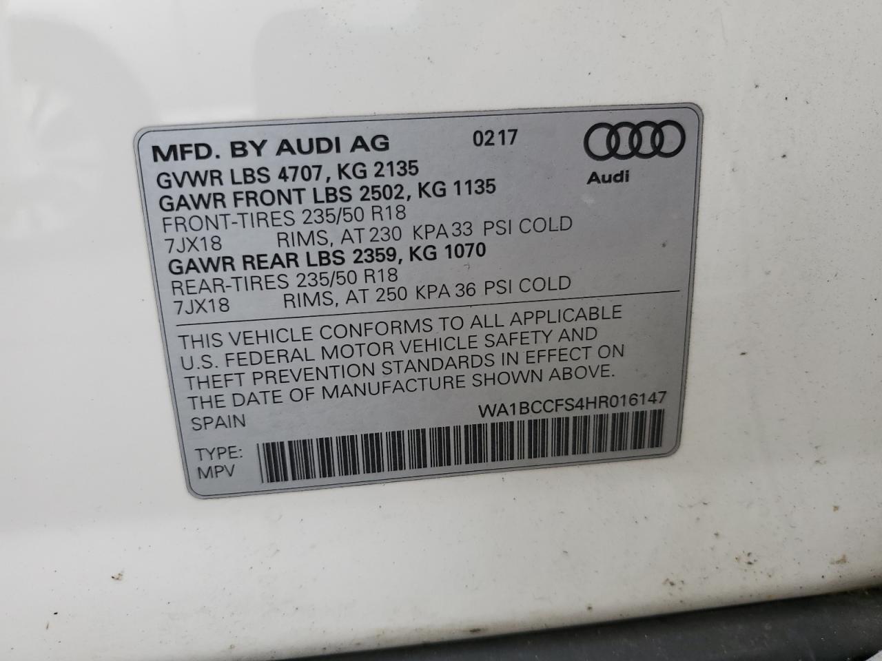 2017 Audi Q3 Premium VIN: WA1BCCFS4HR016147 Lot: 78313074