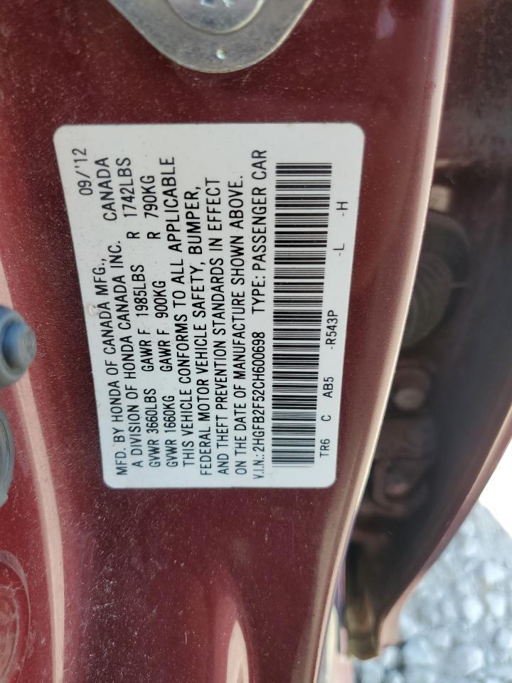 2HGFB2F52CH600698 2012 Honda Civic Lx