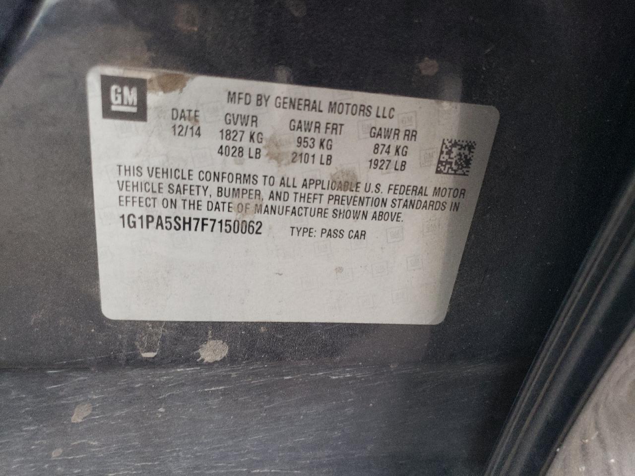 2015 Chevrolet Cruze Ls VIN: 1G1PA5SH7F7150062 Lot: 78379184