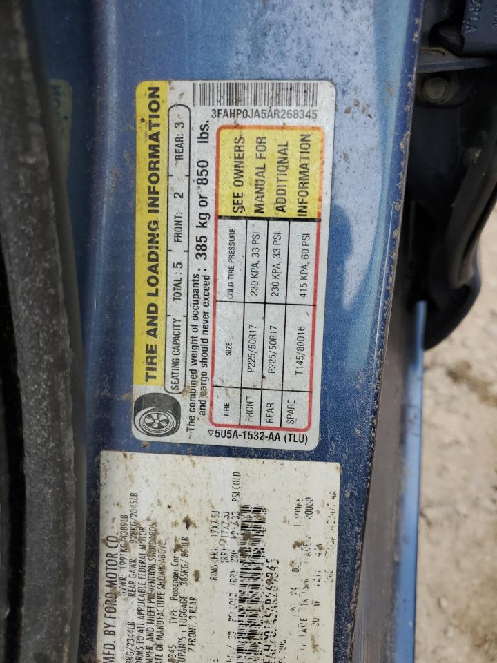 2010 Ford Fusion Sel VIN: 3FAHP0JA5AR268345 Lot: 73832904