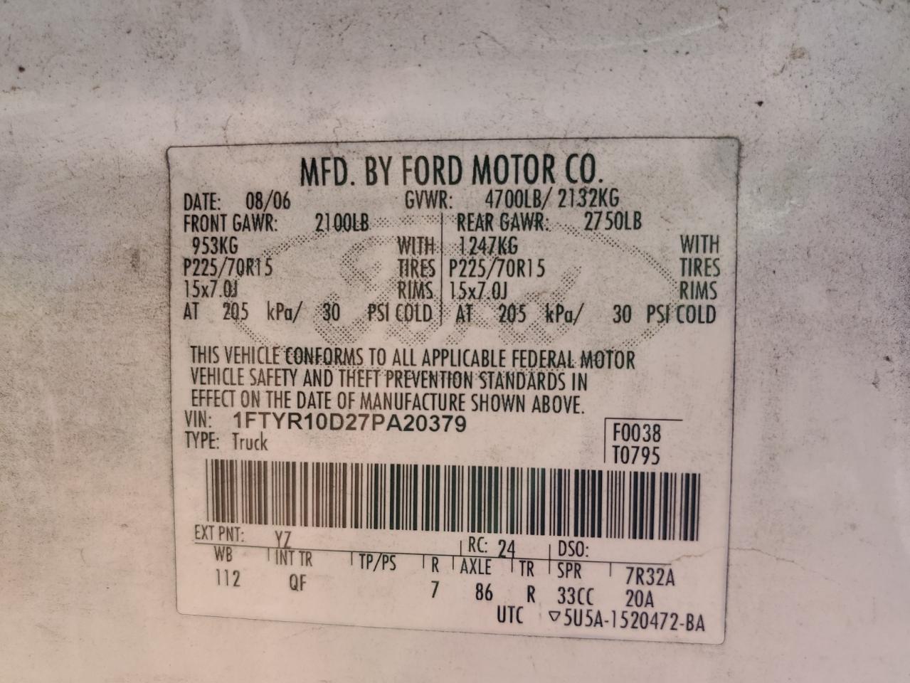 1FTYR10D27PA20379 2007 Ford Ranger