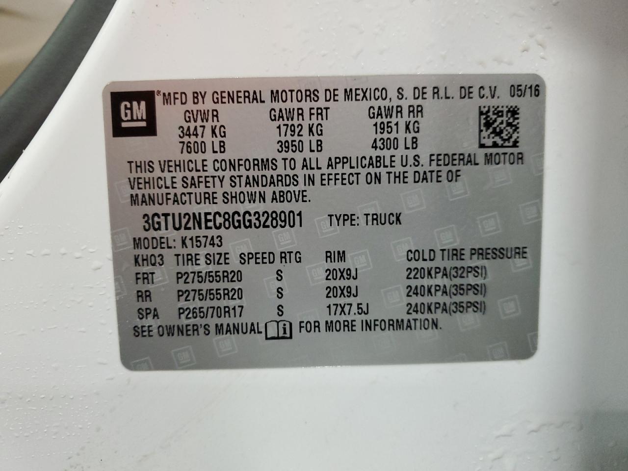 3GTU2NEC8GG328901 2016 GMC Sierra K1500 Slt