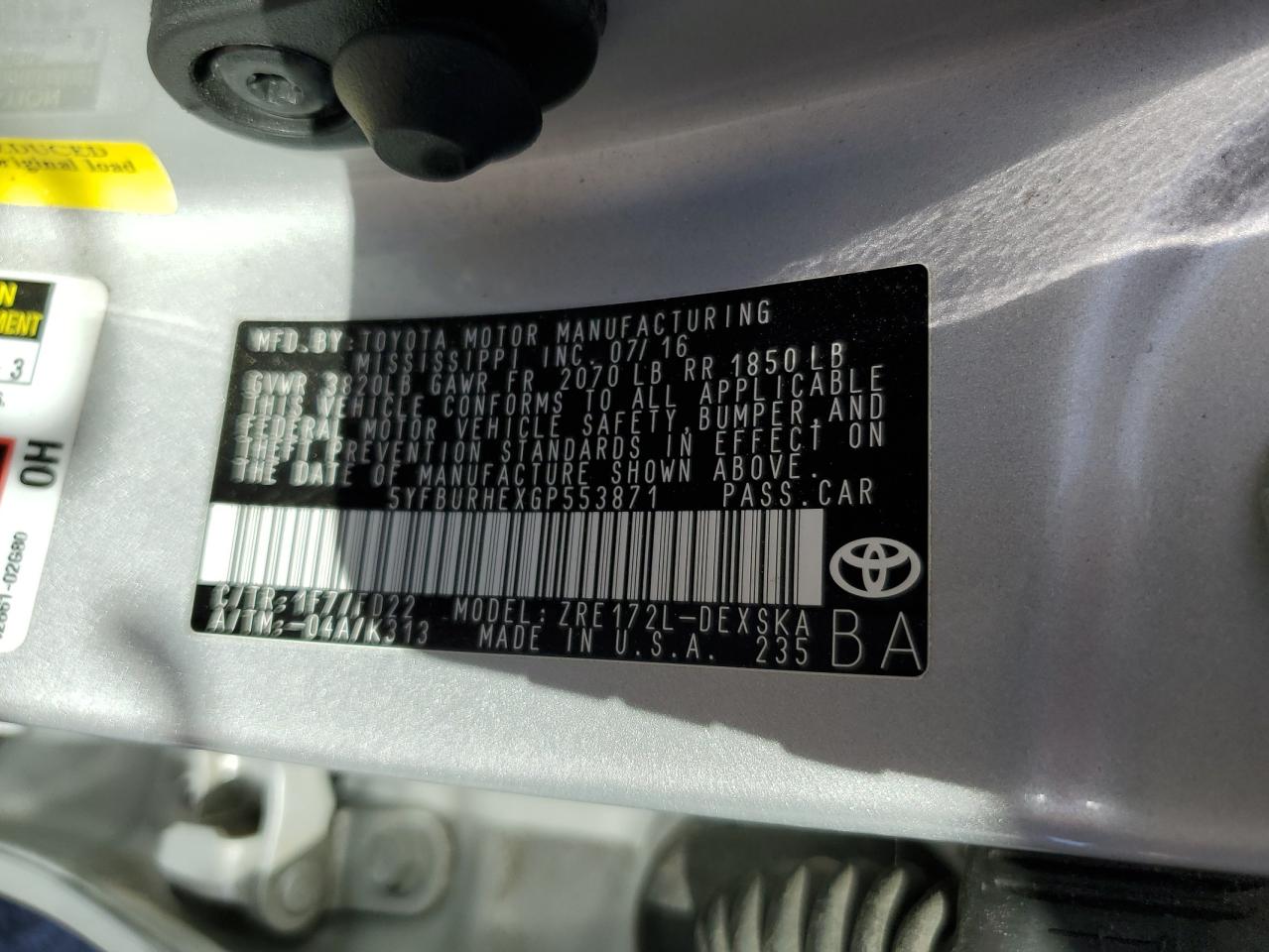 5YFBURHEXGP553871 2016 Toyota Corolla L