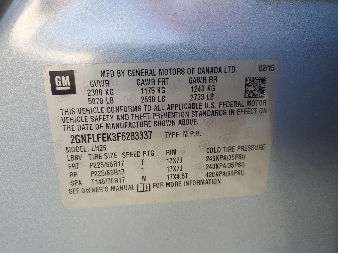 2GNFLFEK3F6283337 2015 Chevrolet Equinox Lt