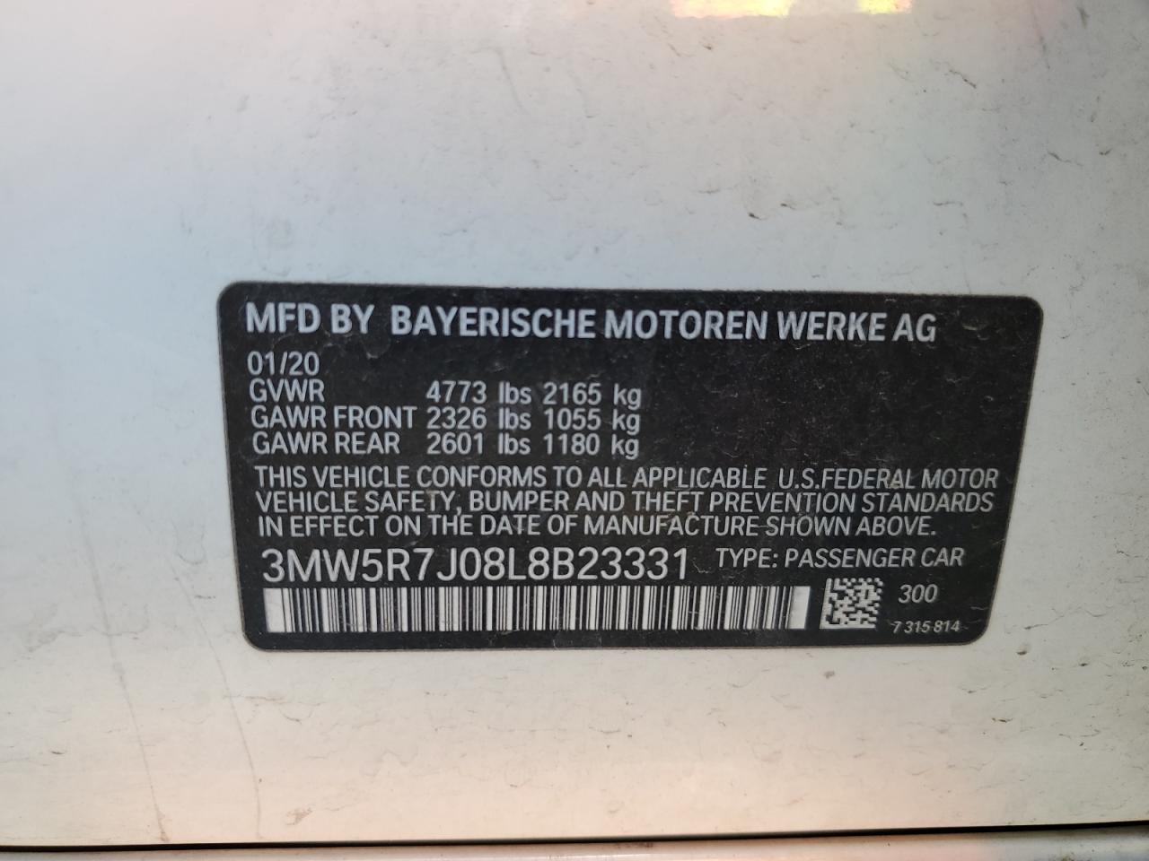 2020 BMW 330Xi VIN: 3MW5R7J08L8B23331 Lot: 75054974