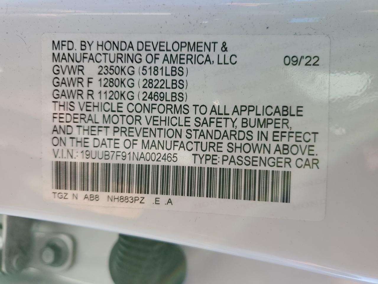 2022 Acura Tlx Type S VIN: 19UUB7F91NA002465 Lot: 68217054