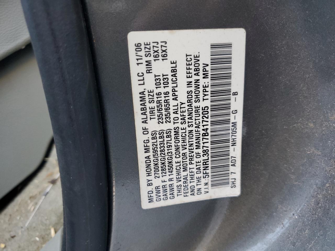 5FNRL38717B417205 2007 Honda Odyssey Exl