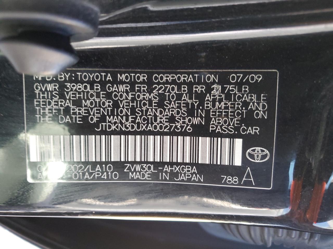 JTDKN3DUXA0027376 2010 Toyota Prius