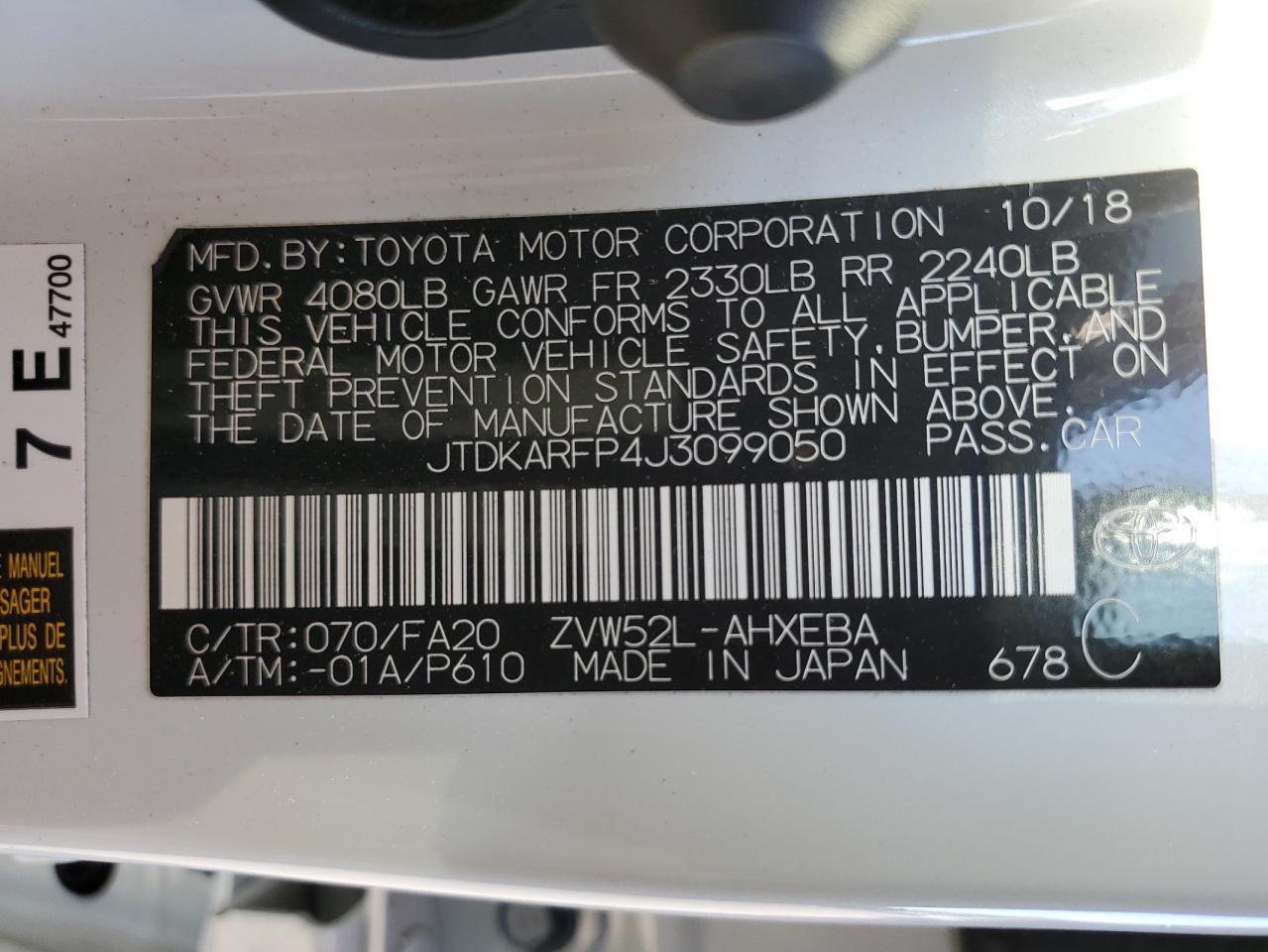 2018 Toyota Prius Prime VIN: JTDKARFP4J3099050 Lot: 74497514