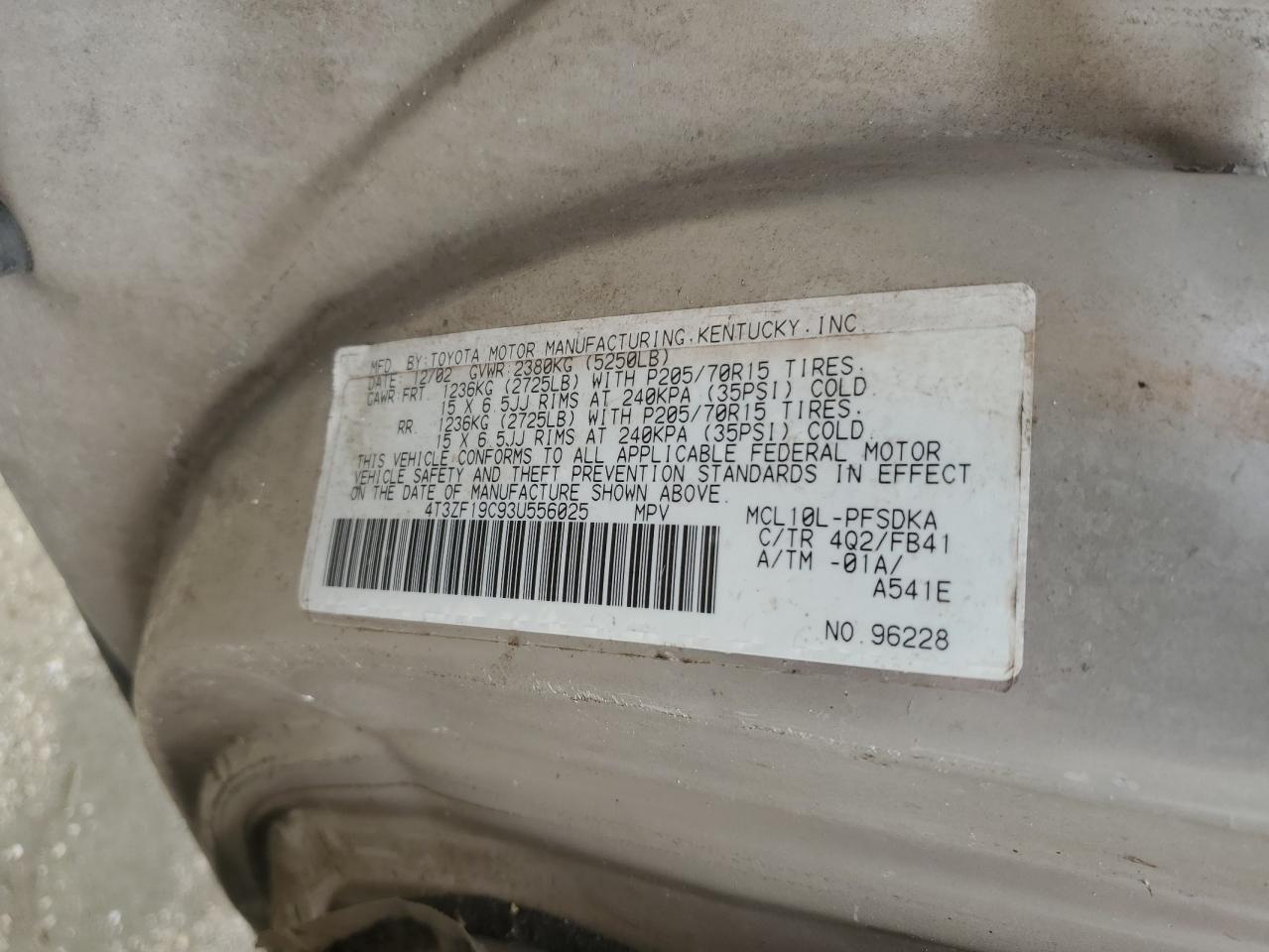 4T3ZF19C93U556025 2003 Toyota Sienna Ce