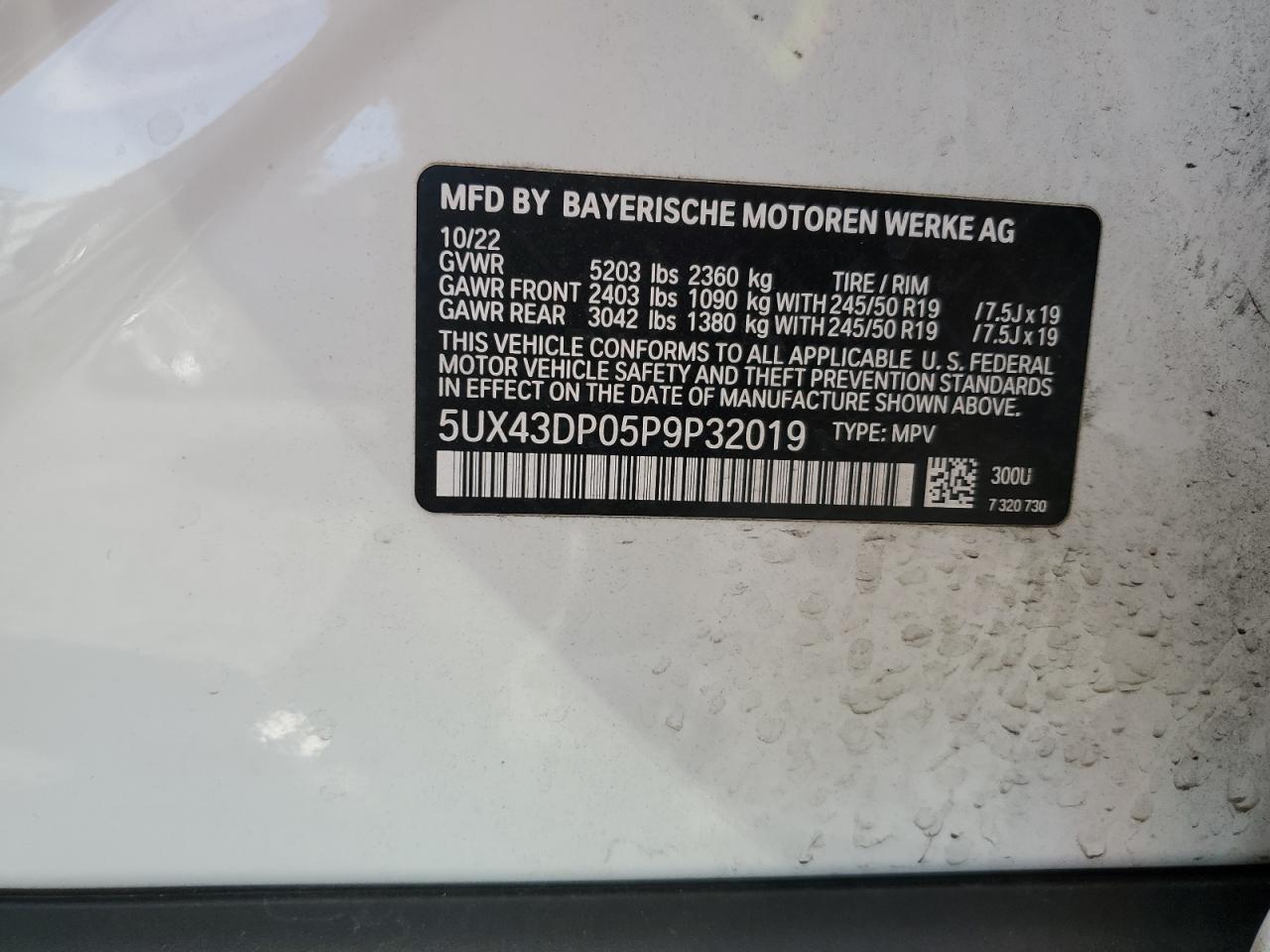 2023 BMW X3 Sdrive30I VIN: 5UX43DP05P9P32019 Lot: 76123324