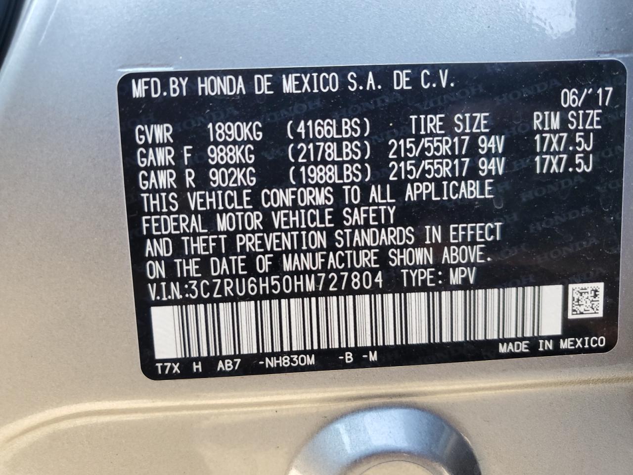 3CZRU6H50HM727804 2017 Honda Hr-V Ex