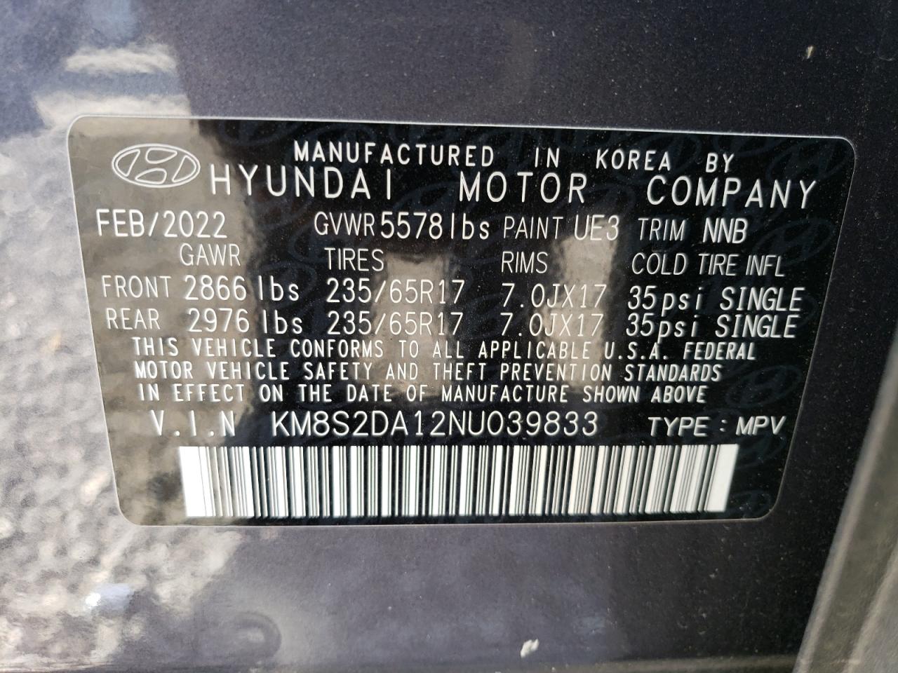 KM8S2DA12NU039833 2022 Hyundai Santa Fe Blue