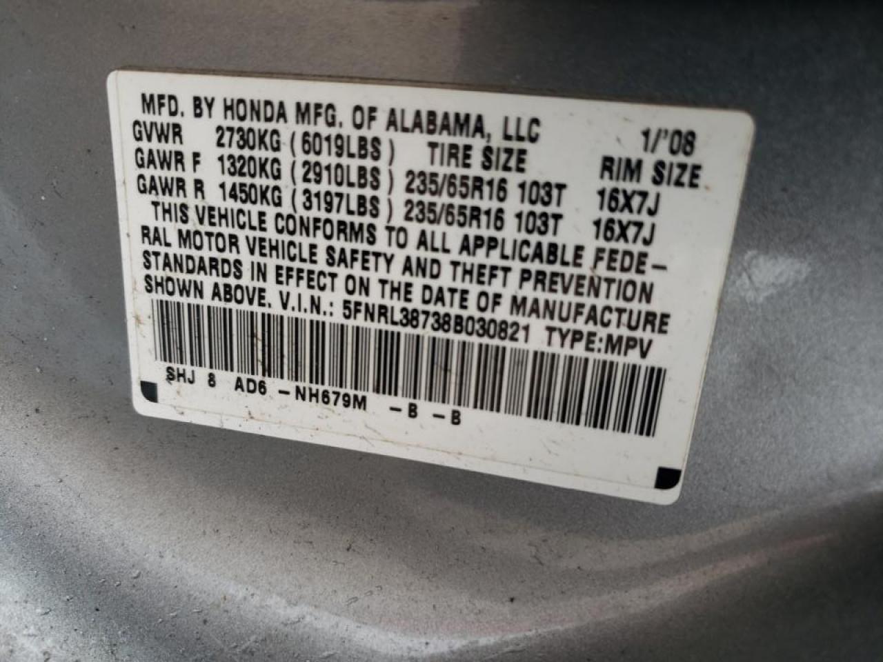 5FNRL38738B030821 2008 Honda Odyssey Exl