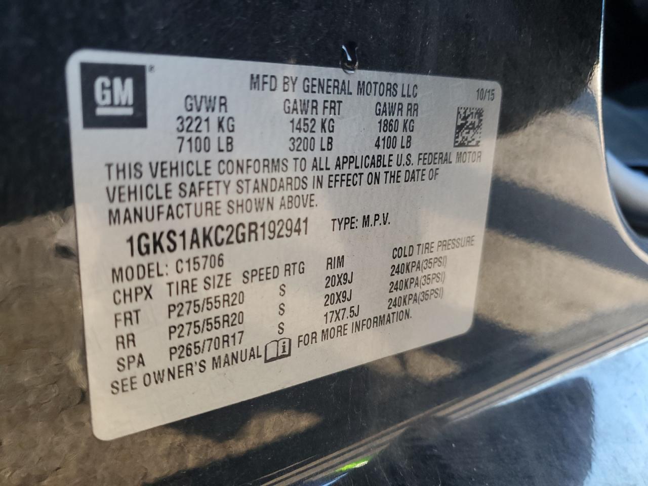 1GKS1AKC2GR192941 2016 GMC Yukon Sle