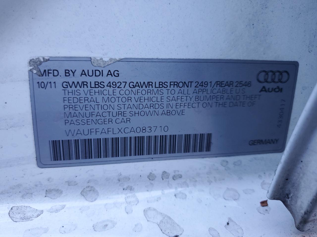 2012 Audi A4 Premium Plus VIN: WAUFFAFLXCA083710 Lot: 78173444