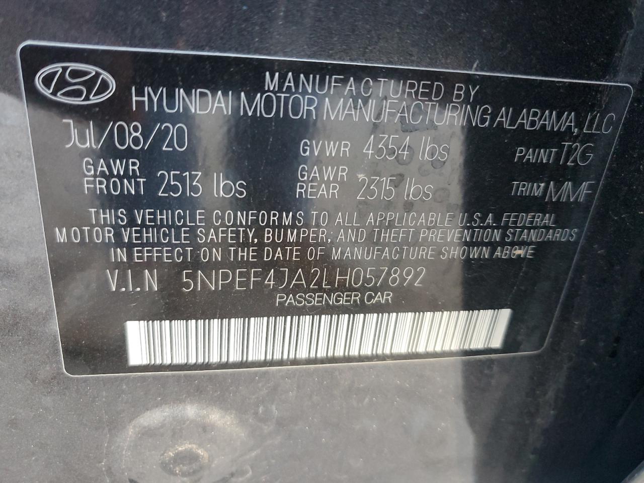 2020 Hyundai Sonata Sel VIN: 5NPEF4JA2LH057892 Lot: 76749114