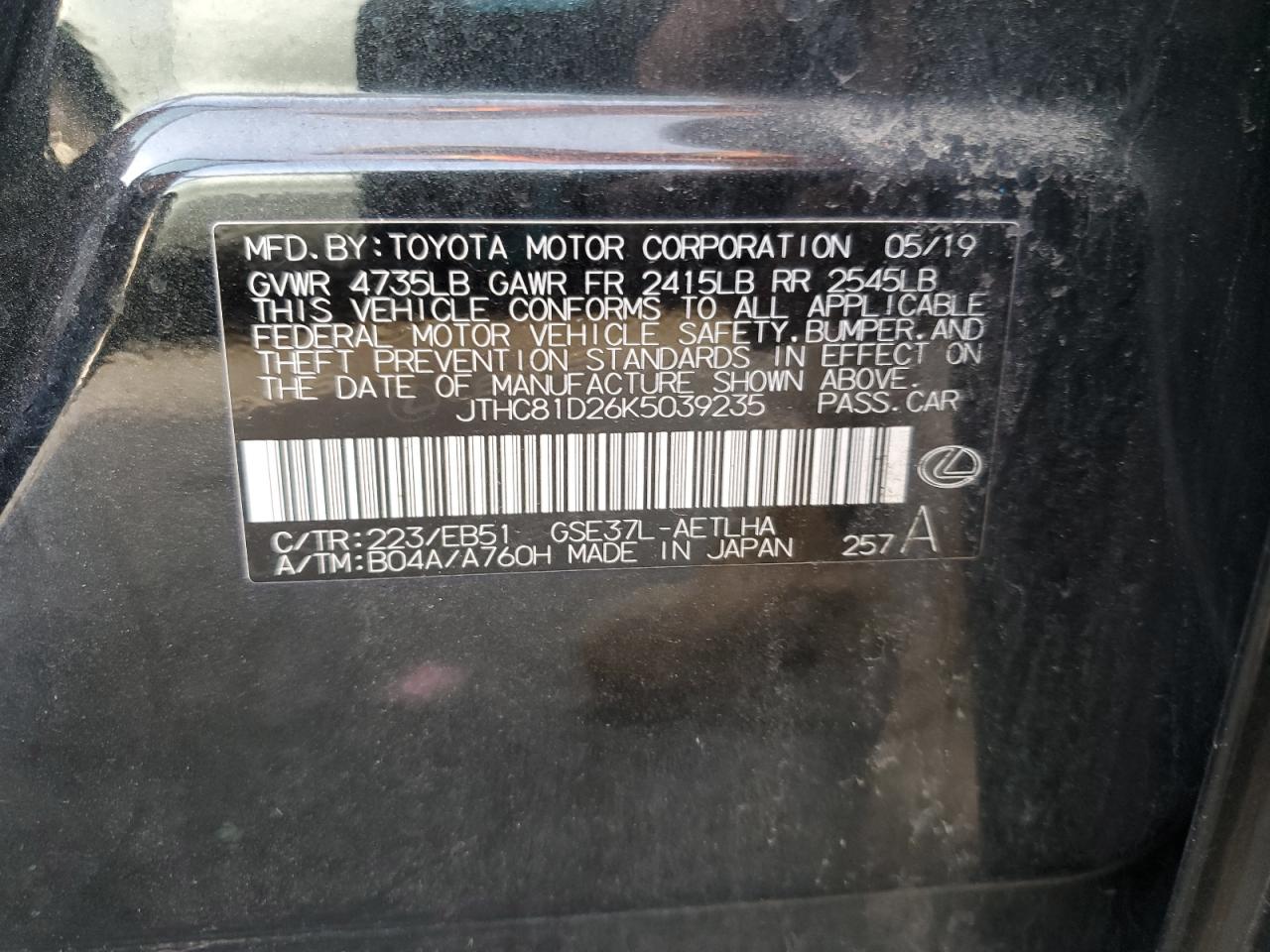 VIN JTHC81D26K5039235 2019 LEXUS IS no.12