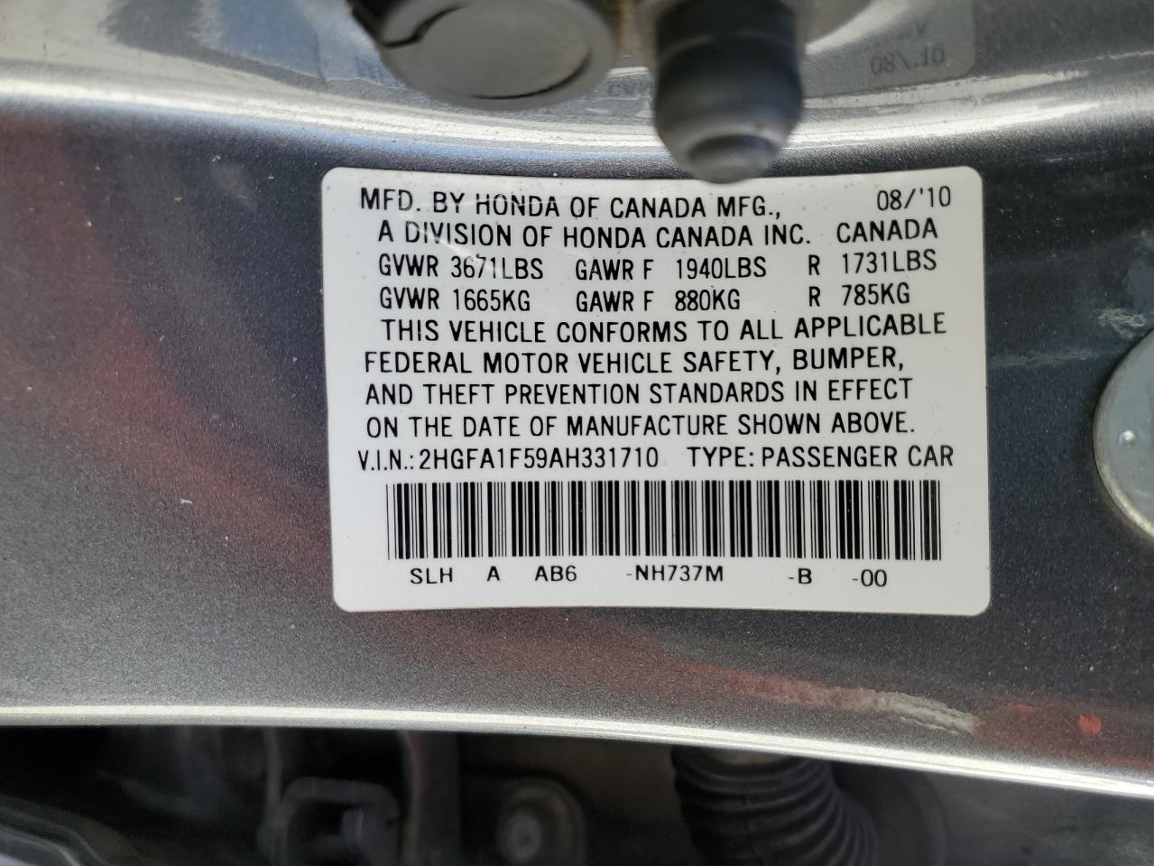 2HGFA1F59AH331710 2010 Honda Civic Lx