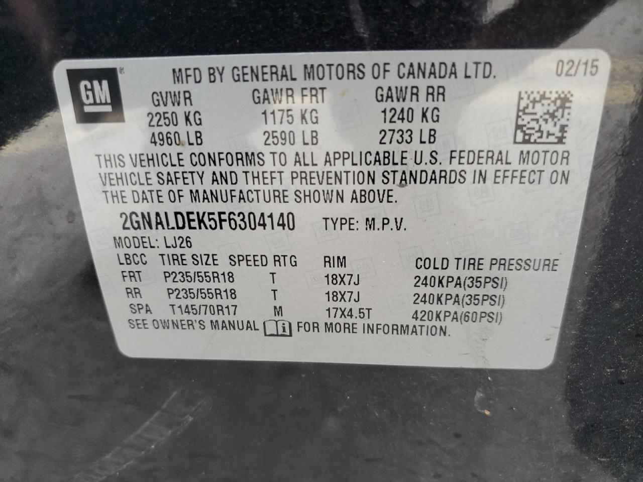 2015 Chevrolet Equinox Ltz VIN: 2GNALDEK5F6304140 Lot: 74655974