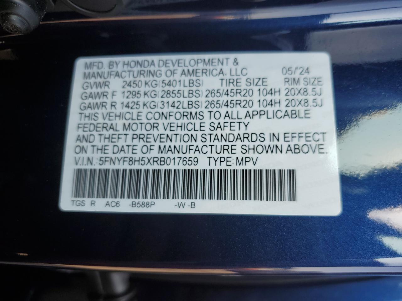 2024 Honda Passport Exl VIN: 5FNYF8H5XRB017659 Lot: 74960674