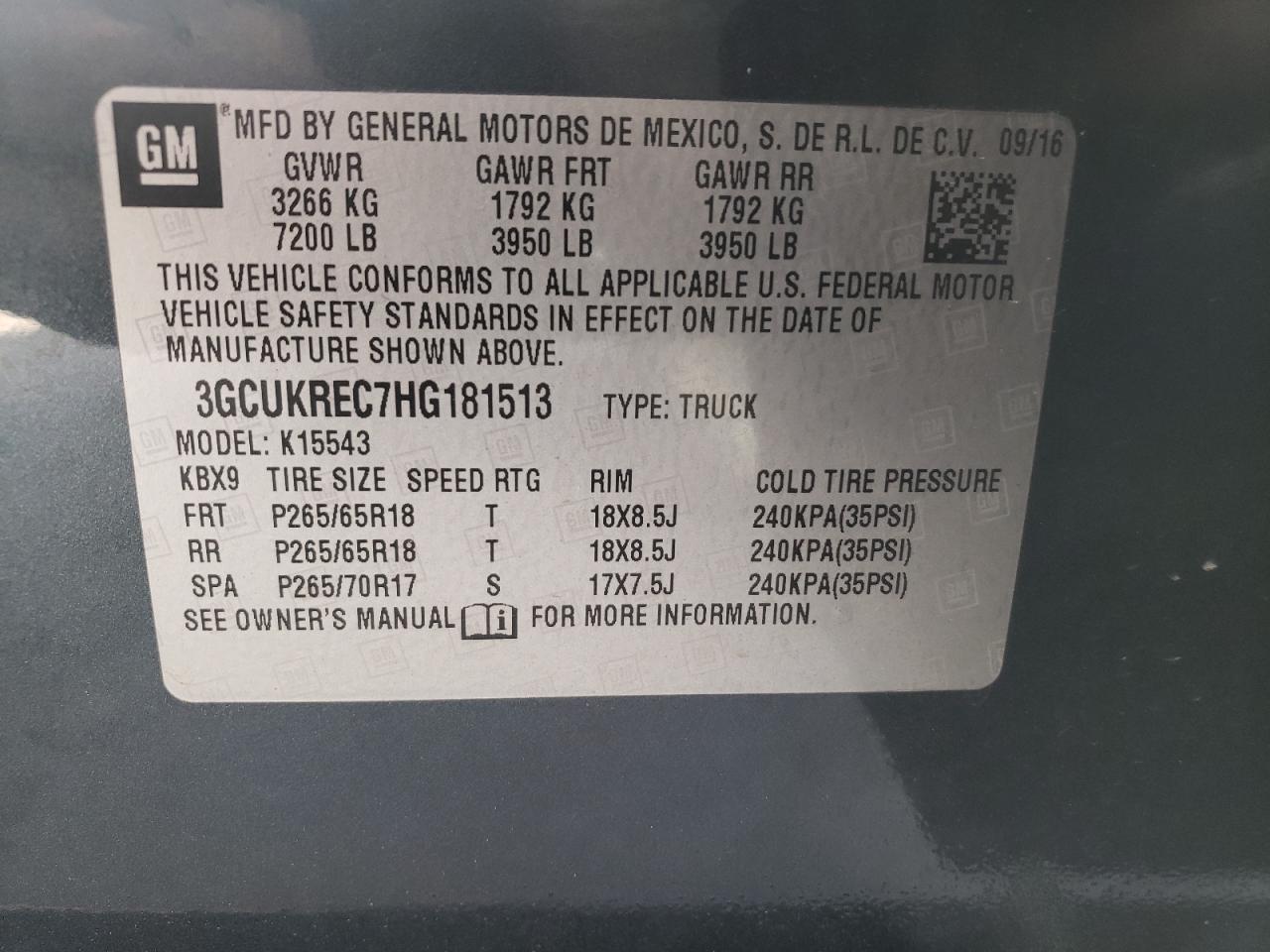 3GCUKREC7HG181513 2017 Chevrolet Silverado K1500 Lt