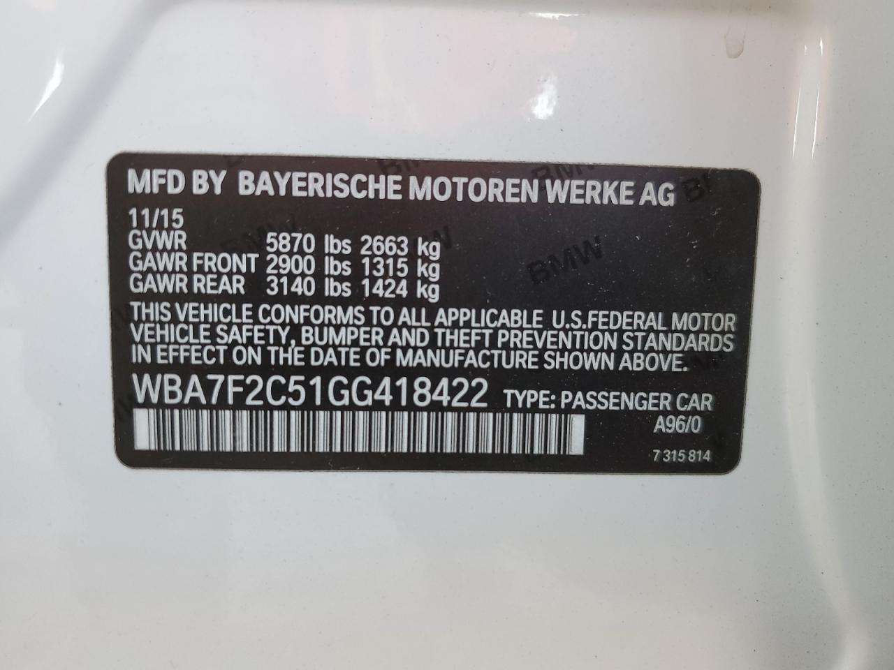 VIN WBA7F2C51GG418422 2016 BMW 7 SERIES no.12