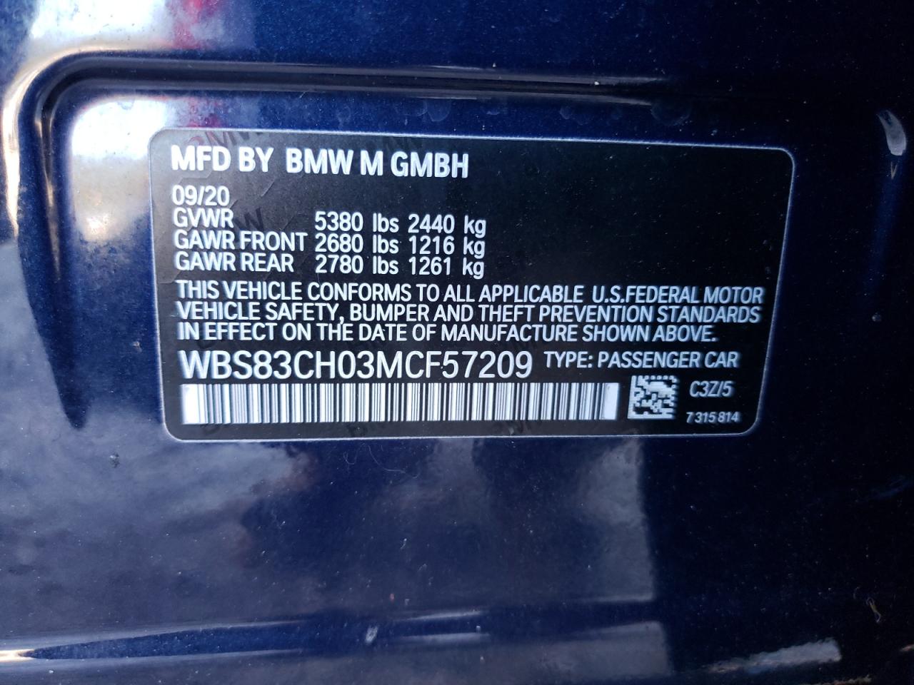 2021 BMW M5 VIN: WBS83CH03MCF57209 Lot: 73050774