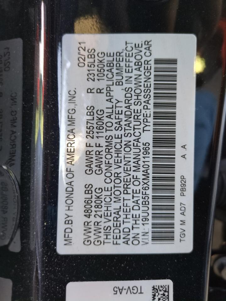 19UUB5F6XMA011965 2021 Acura Tlx Advance