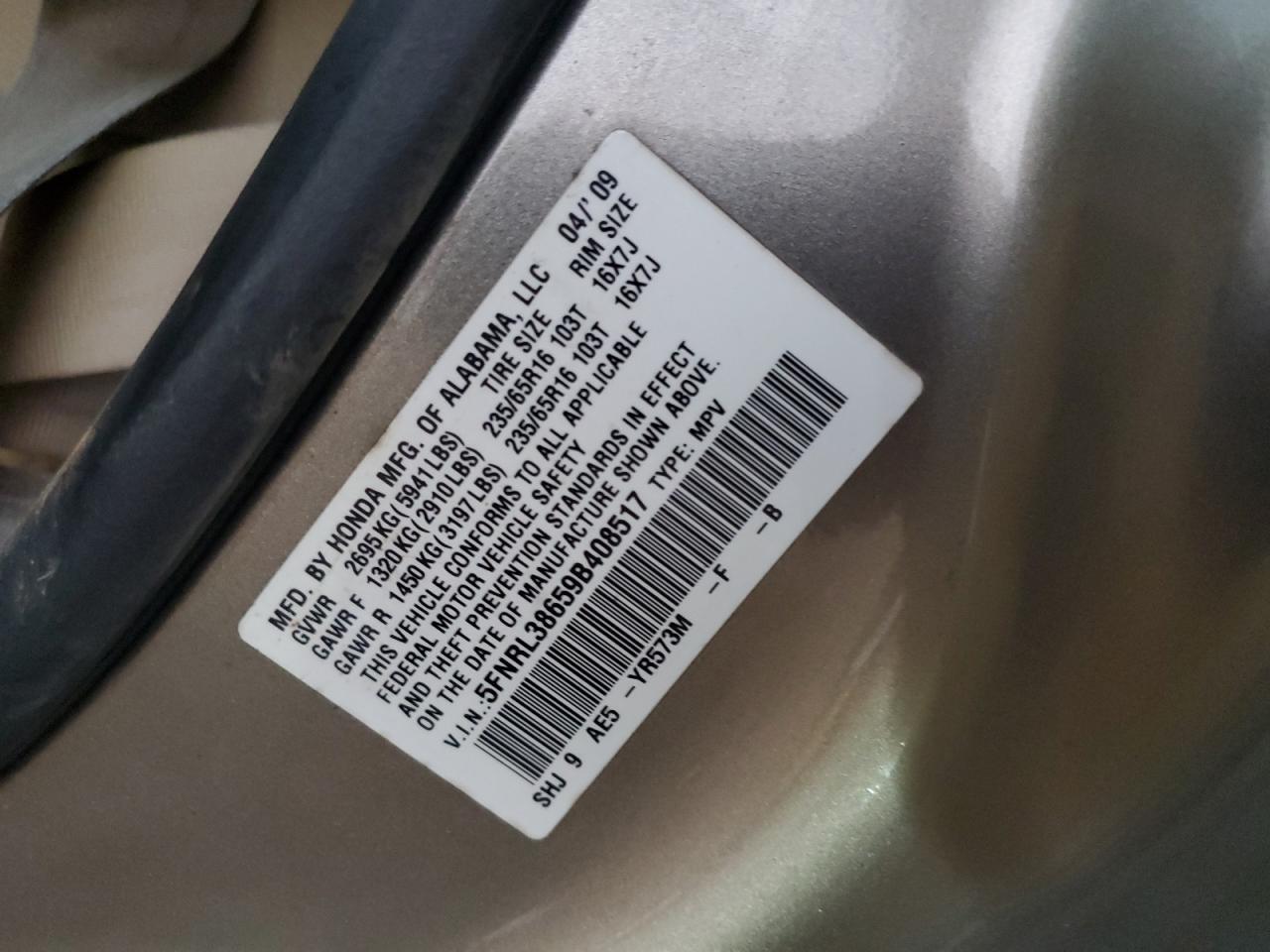 2009 Honda Odyssey Exl VIN: 5FNRL38659B408517 Lot: 78436044