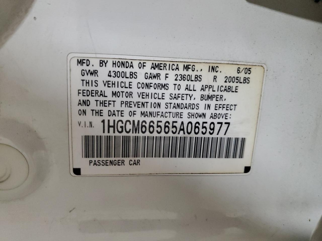 1HGCM66565A065977 2005 Honda Accord Ex