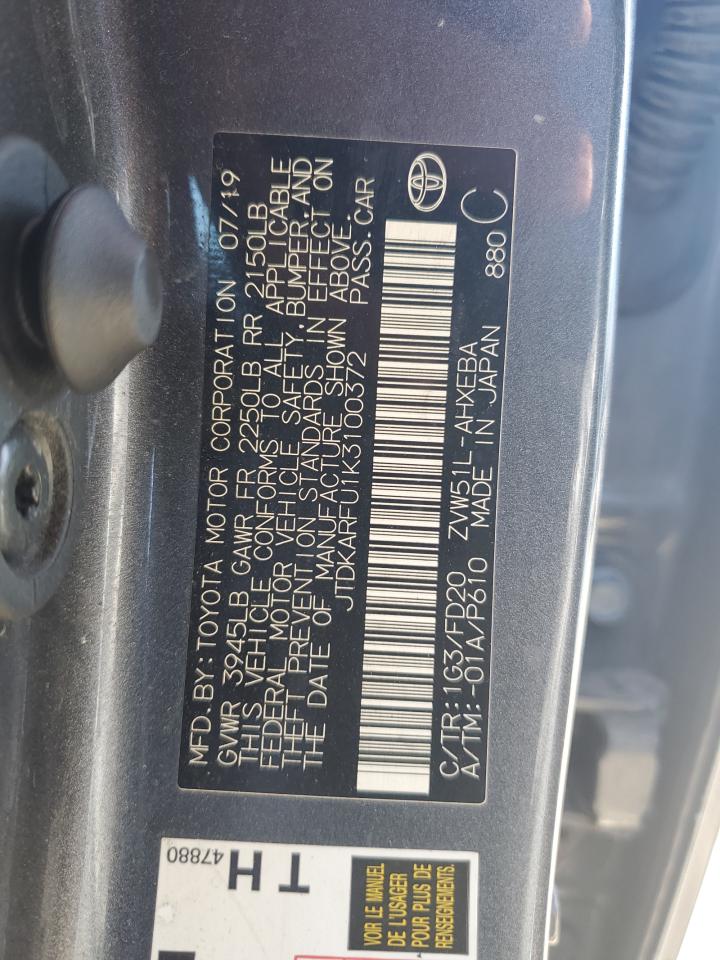 VIN JTDKARFU1K3100372 2019 TOYOTA PRIUS no.12