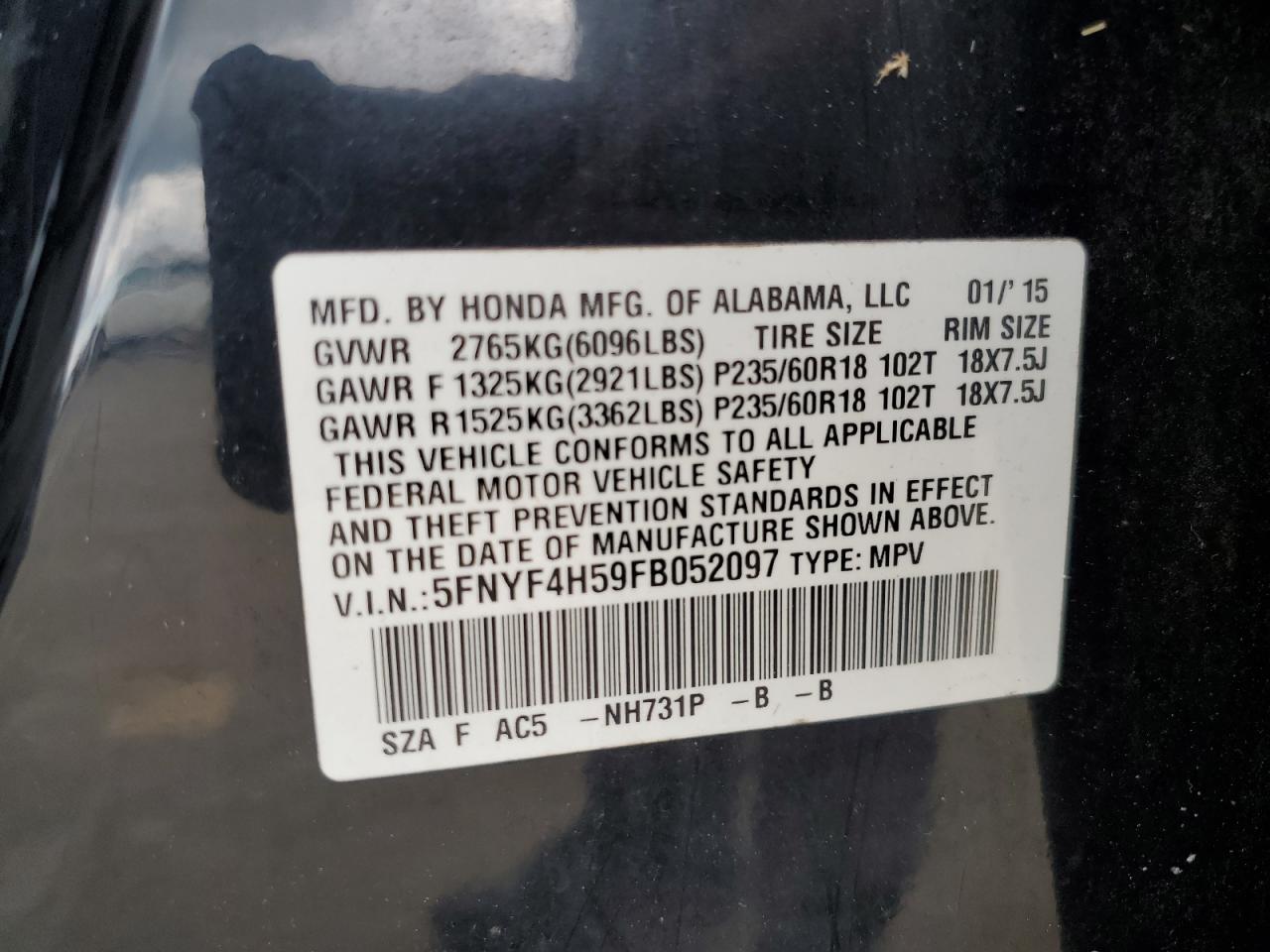 5FNYF4H59FB052097 2015 Honda Pilot Exl