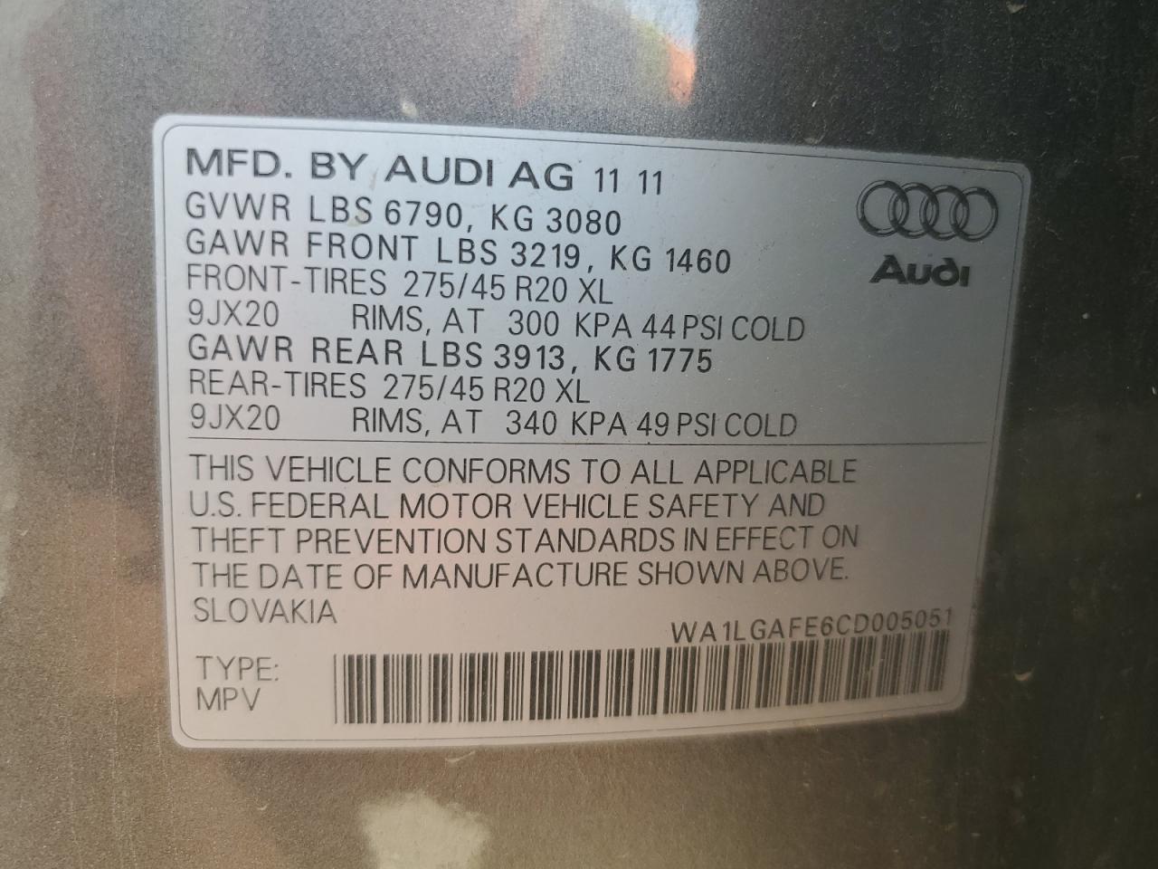 2012 Audi Q7 Premium Plus VIN: WA1LGAFE6CD005051 Lot: 75359534