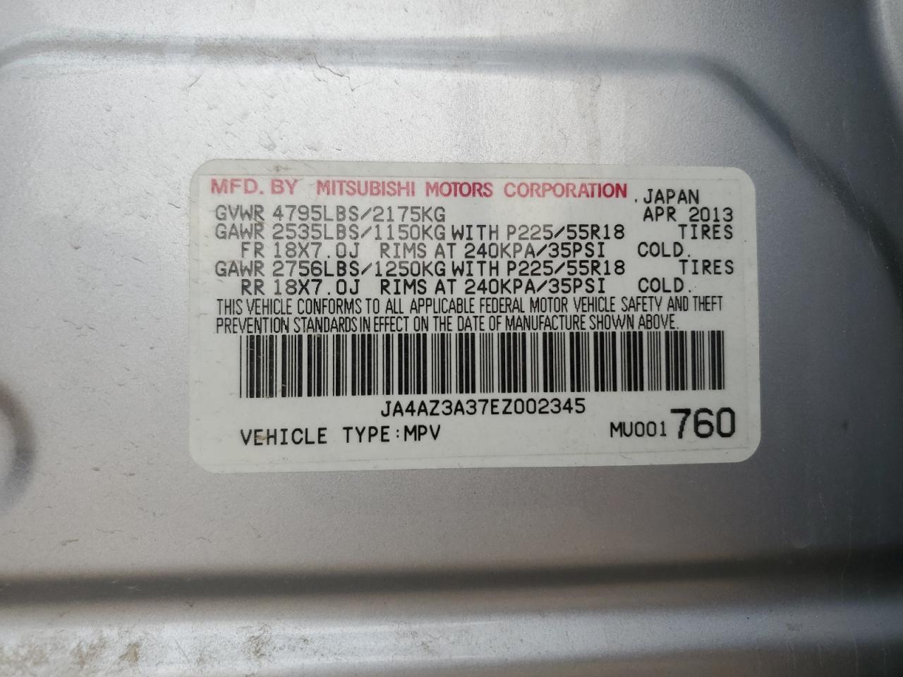 JA4AZ3A37EZ002345 2014 Mitsubishi Outlander Se