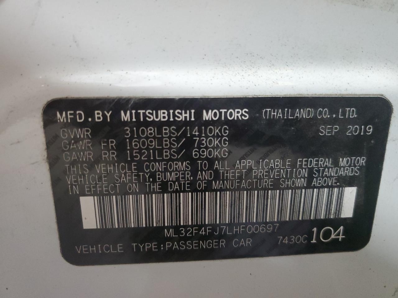 2020 Mitsubishi Mirage G4 Se VIN: ML32F4FJ7LHF00697 Lot: 74945164