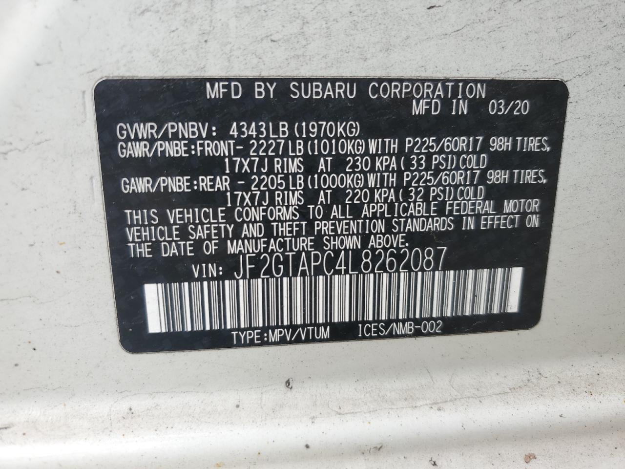 JF2GTAPC4L8262087 2020 Subaru Crosstrek Premium