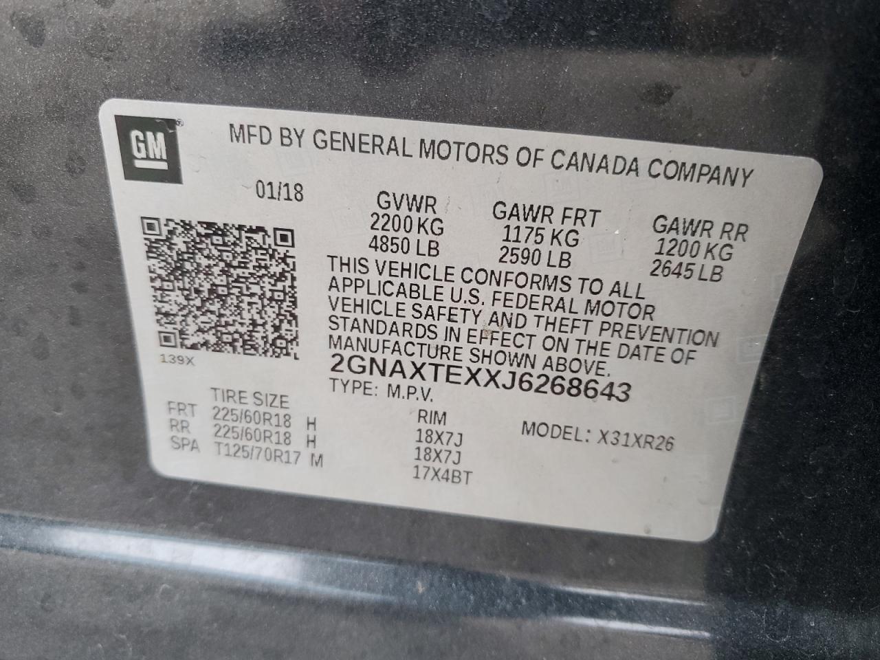 2GNAXTEXXJ6268643 2018 Chevrolet Equinox Lt