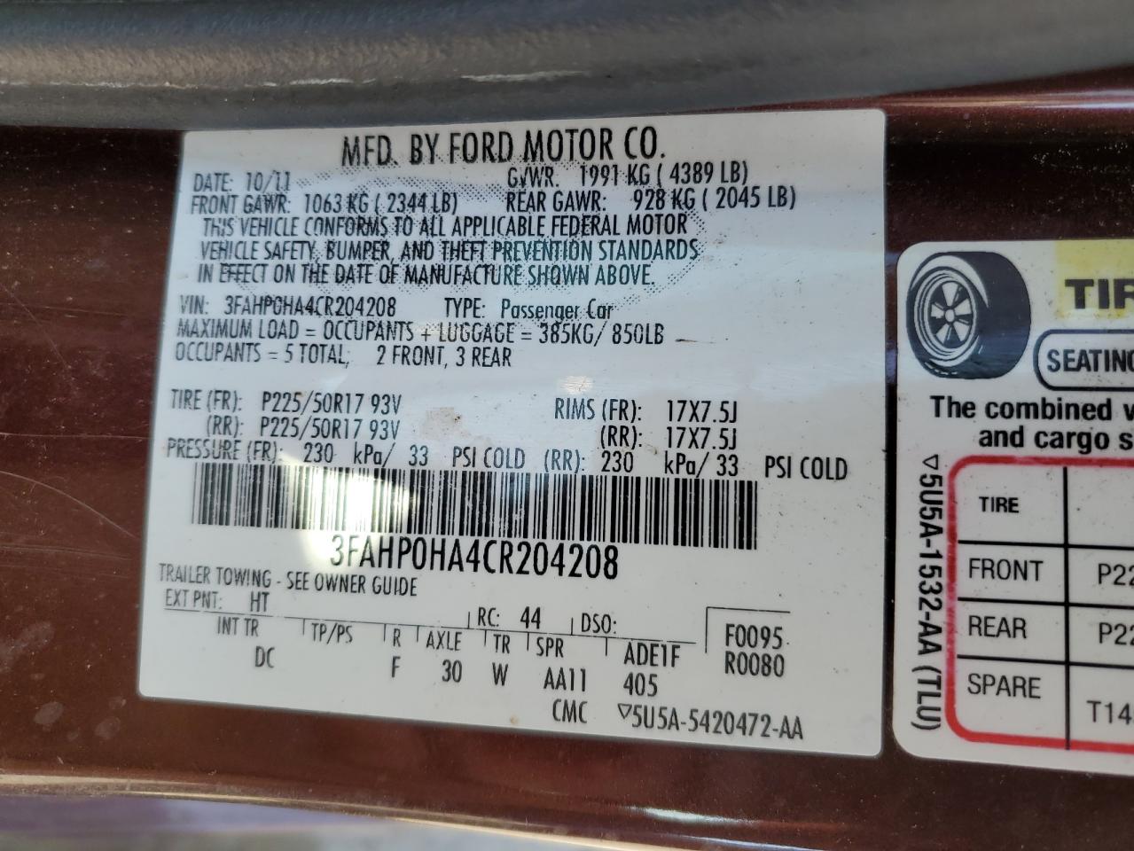 2012 Ford Fusion Se VIN: 3FAHP0HA4CR204208 Lot: 75679634