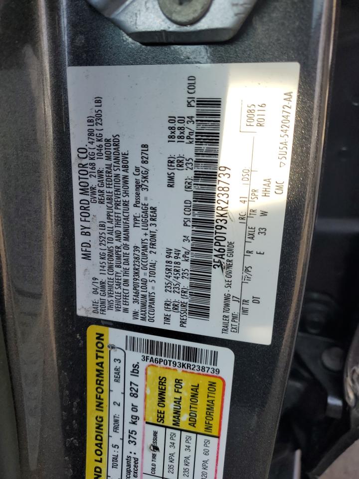 3FA6P0T93KR238739 2019 FORD FUSION - Image 12