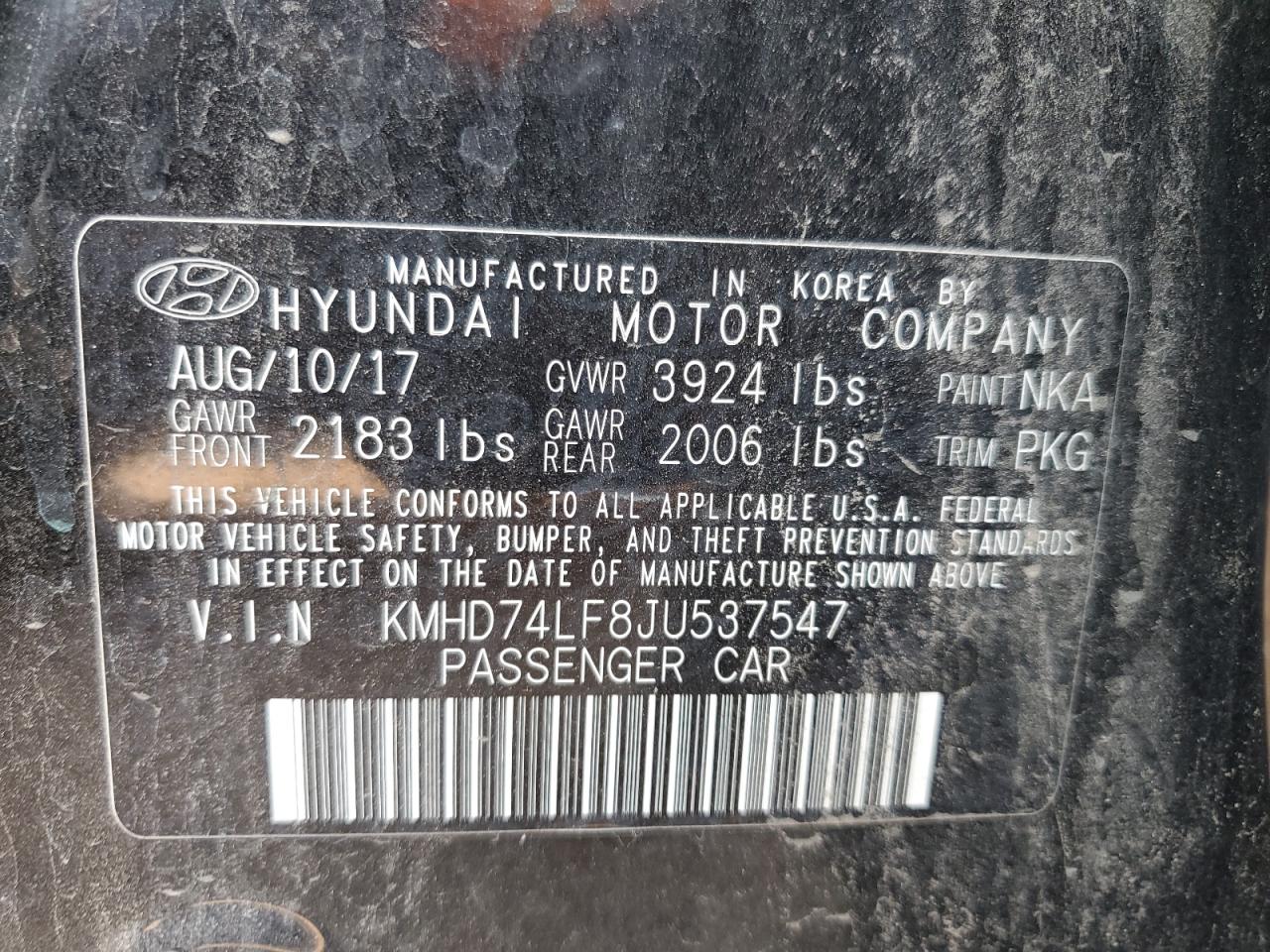 KMHD74LF8JU537547 2018 Hyundai Elantra Se