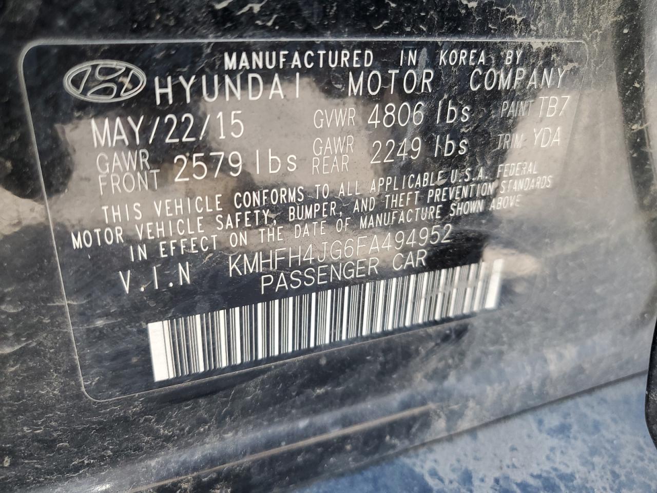 2015 Hyundai Azera Limited VIN: KMHFH4JG6FA494952 Lot: 78602774