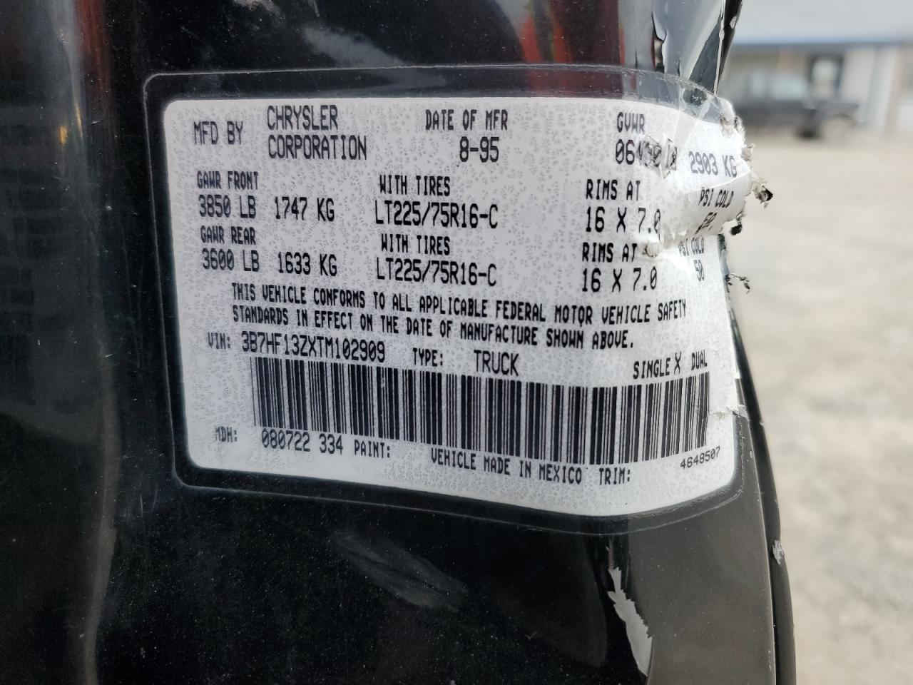 1996 Dodge Ram 1500 VIN: 3B7HF13ZXTM102909 Lot: 91724865