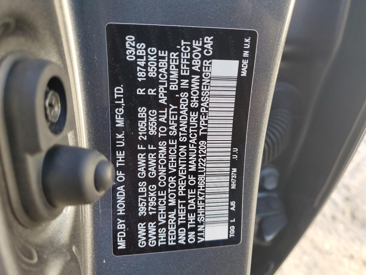 SHHFK7H68LU221209 2020 Honda Civic Ex