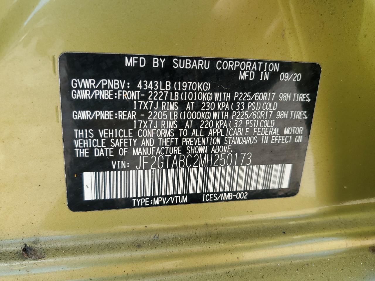 JF2GTABC2MH250173 2021 Subaru Crosstrek