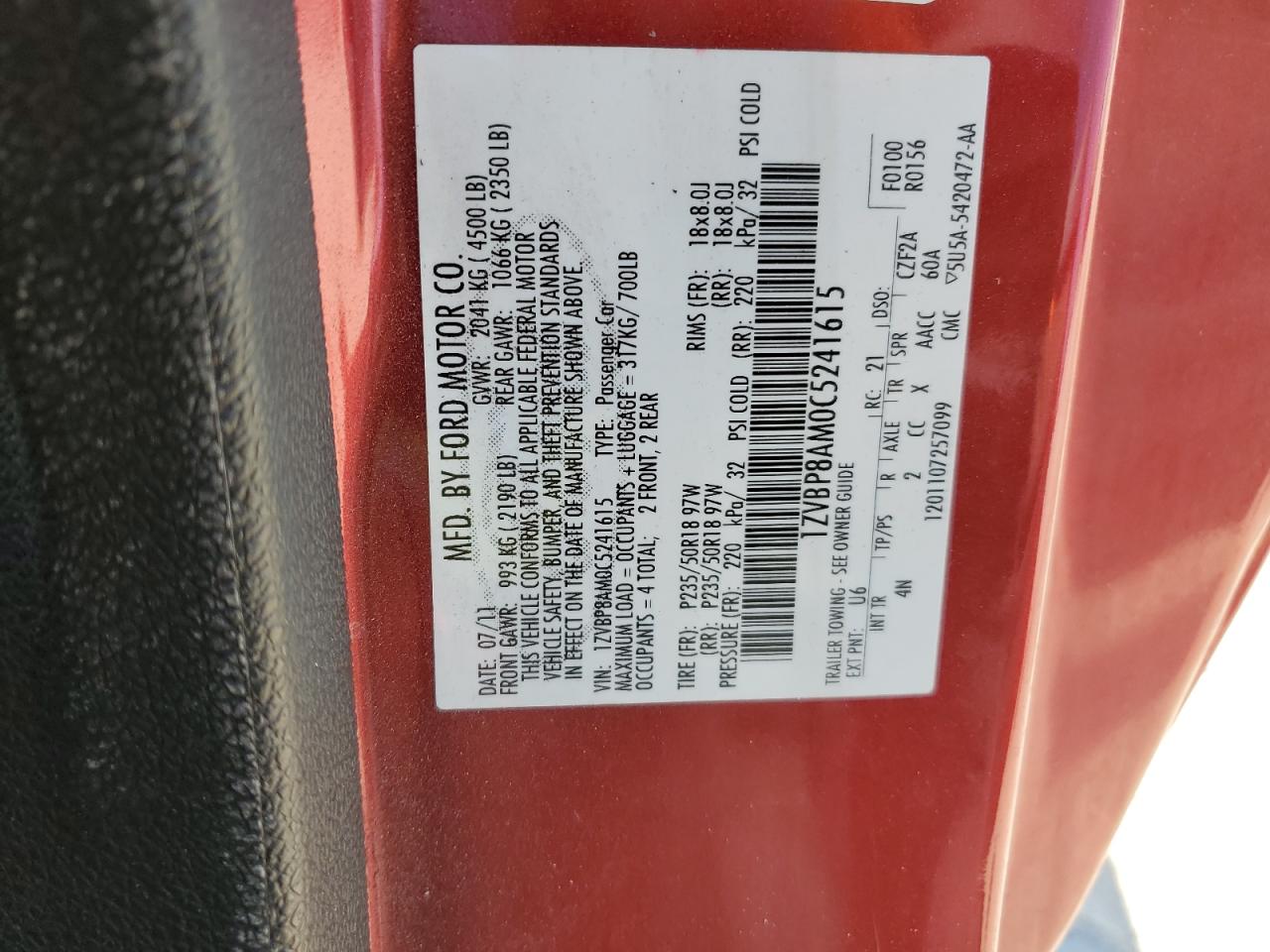 2012 Ford Mustang VIN: 1ZVBP8AM0C5241615 Lot: 76319494